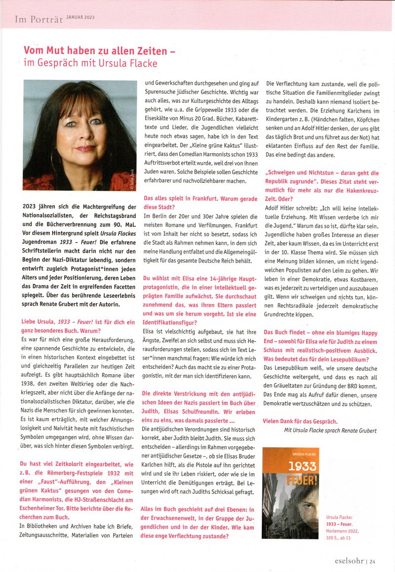 Zeitungsartikel über ein Interview mit der Autoren Ursula Flacke